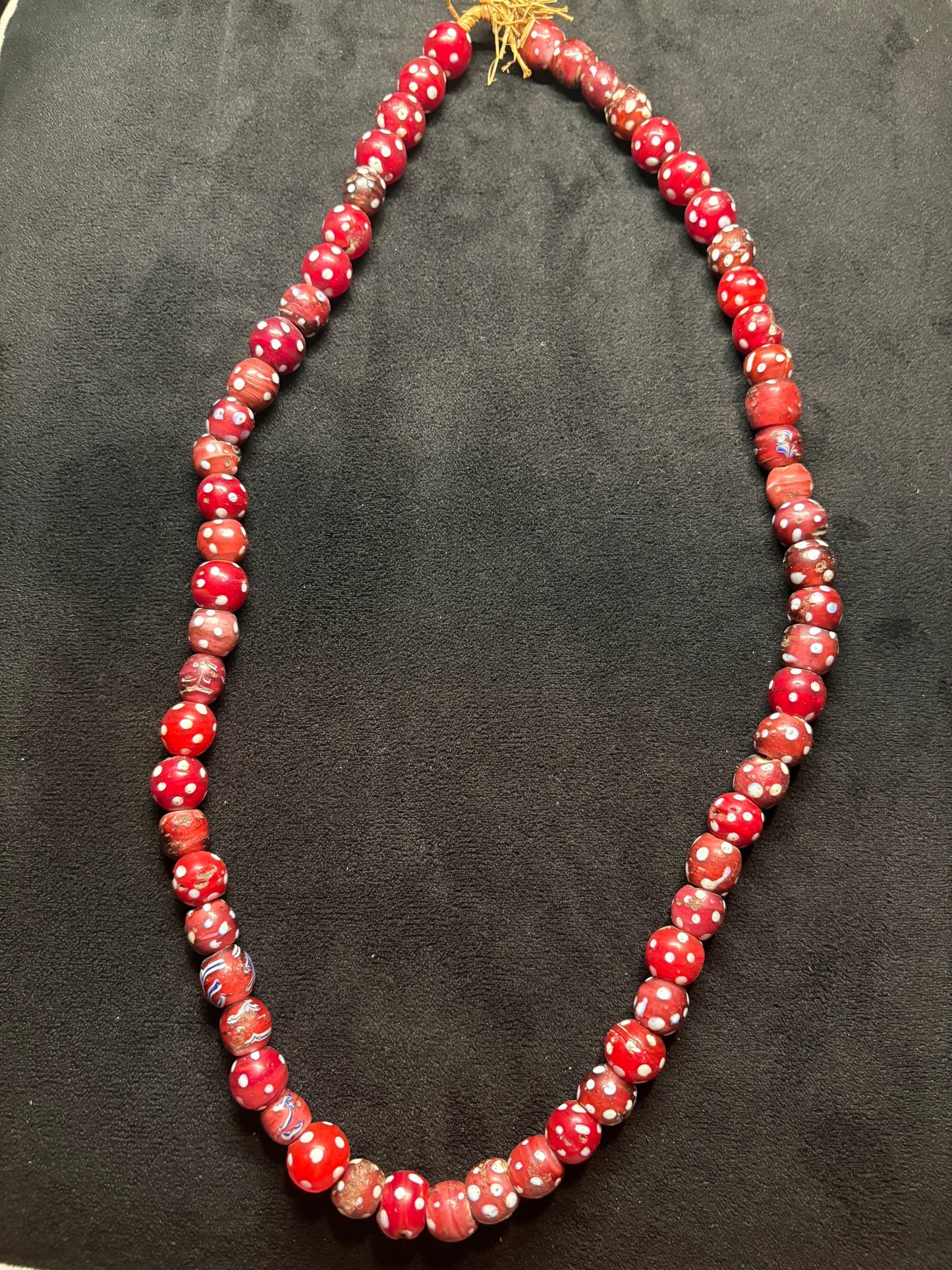 Antique Authentic African Trade Bead Necklace - Red Polka dot Beads 24" [BR0009)