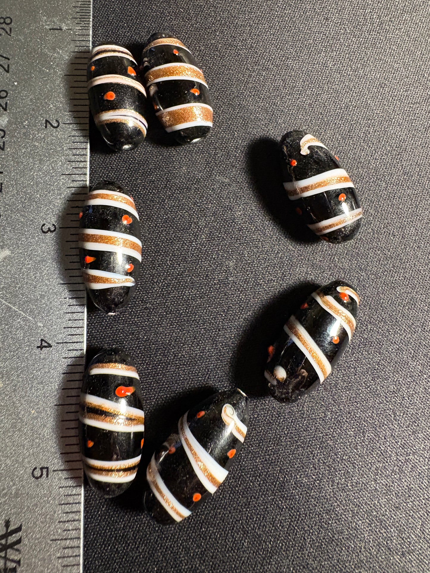 7 swirl oval glass beads - Fancy Eclectic Rare - foil gold black (S08)
