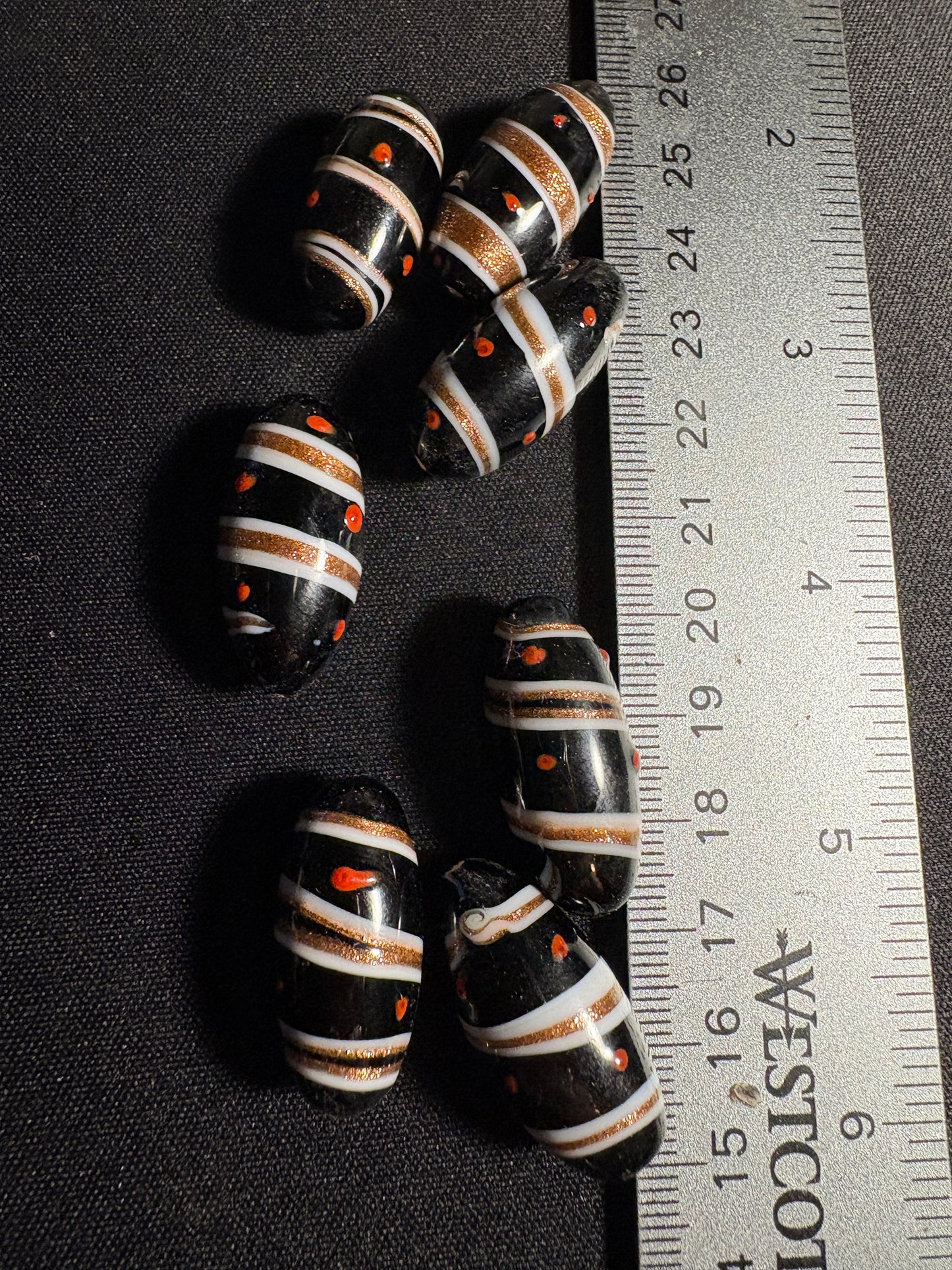7 swirl oval glass beads - Fancy Eclectic Rare - foil gold black (S08)