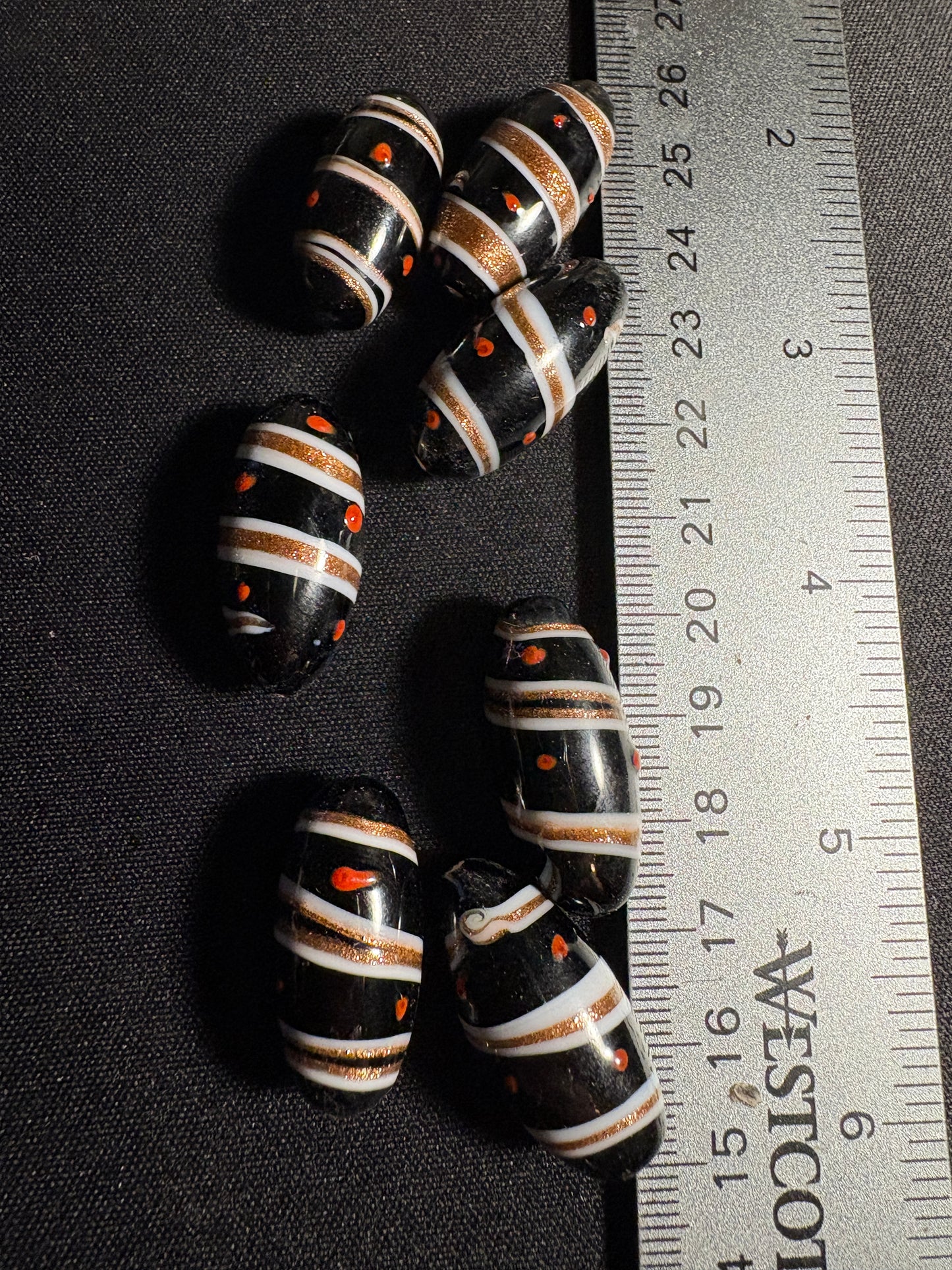 7 swirl oval glass beads - Fancy Eclectic Rare - foil gold black (S08)