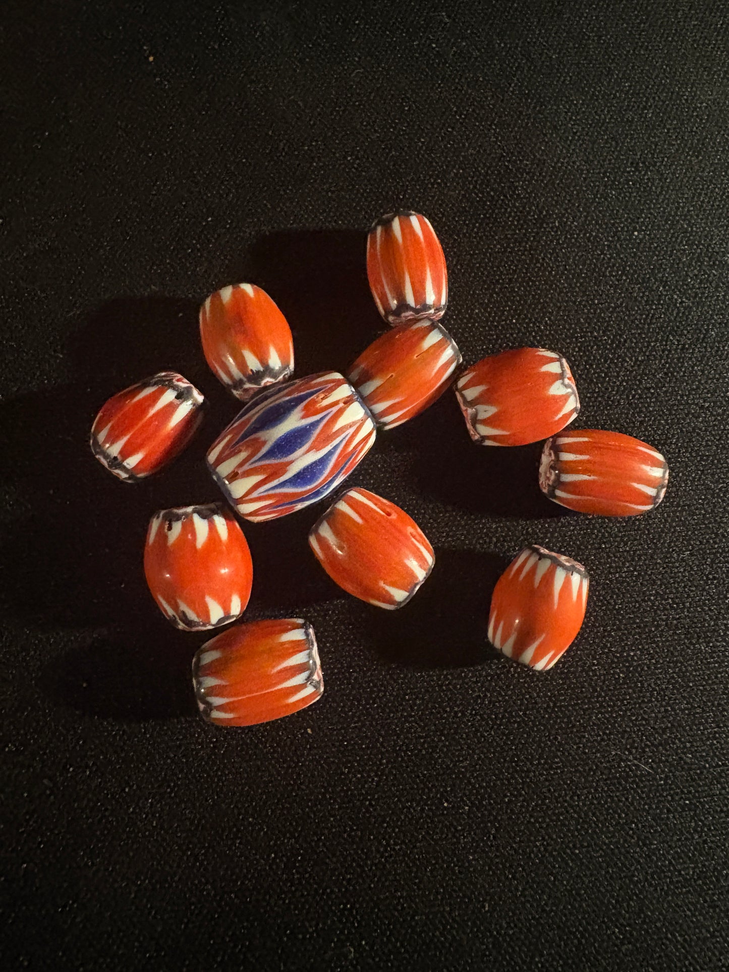 11 Red Chevron oval glass beads (S10)