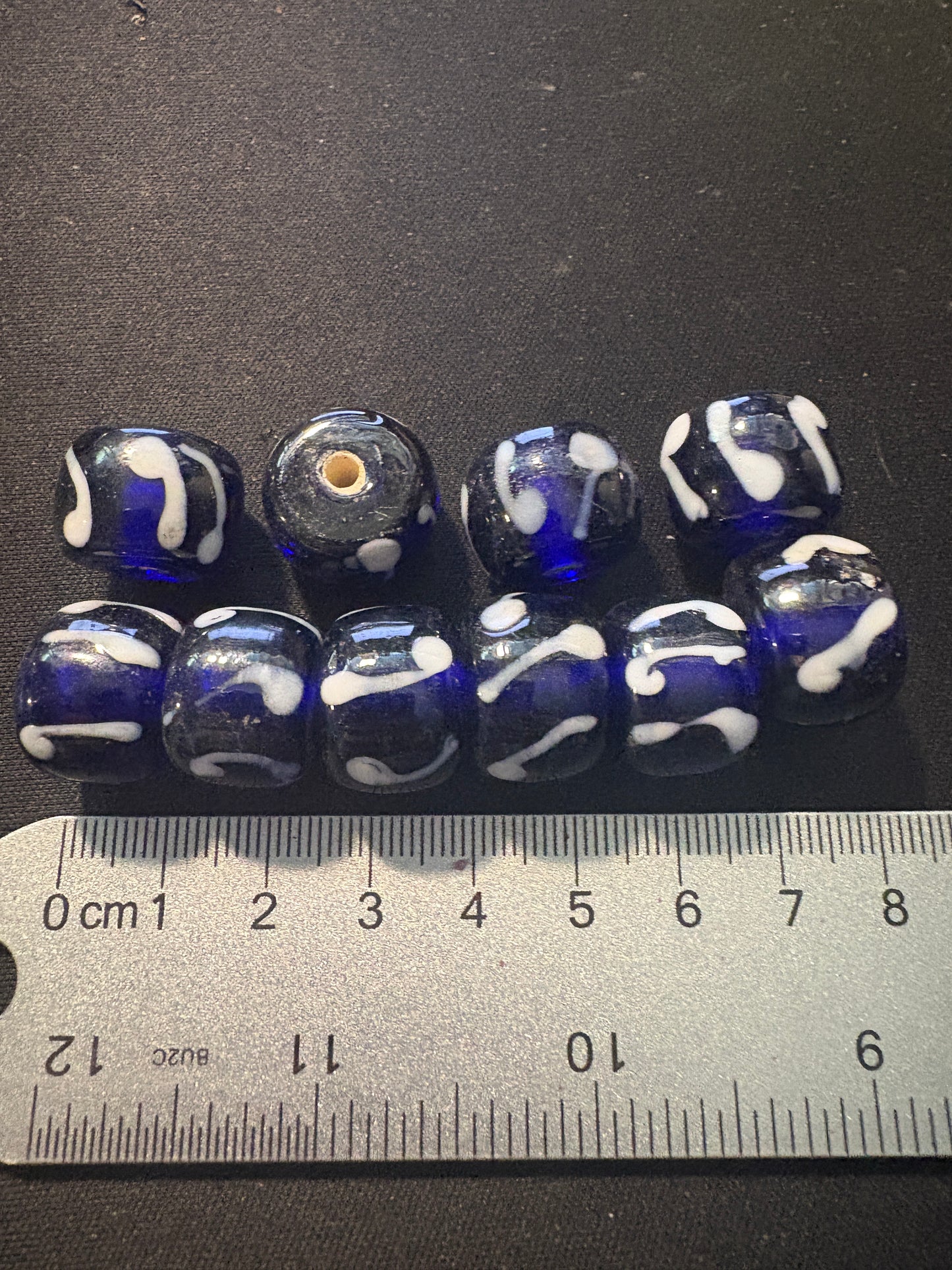 10 Navy fancy pattern glass beads Rare Deco- 10x15mm [S119)