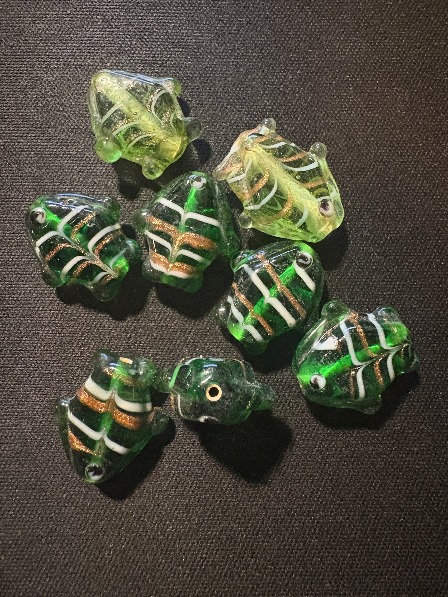 8 green FISH Bead feather striped glass beads (S130)- 20mm