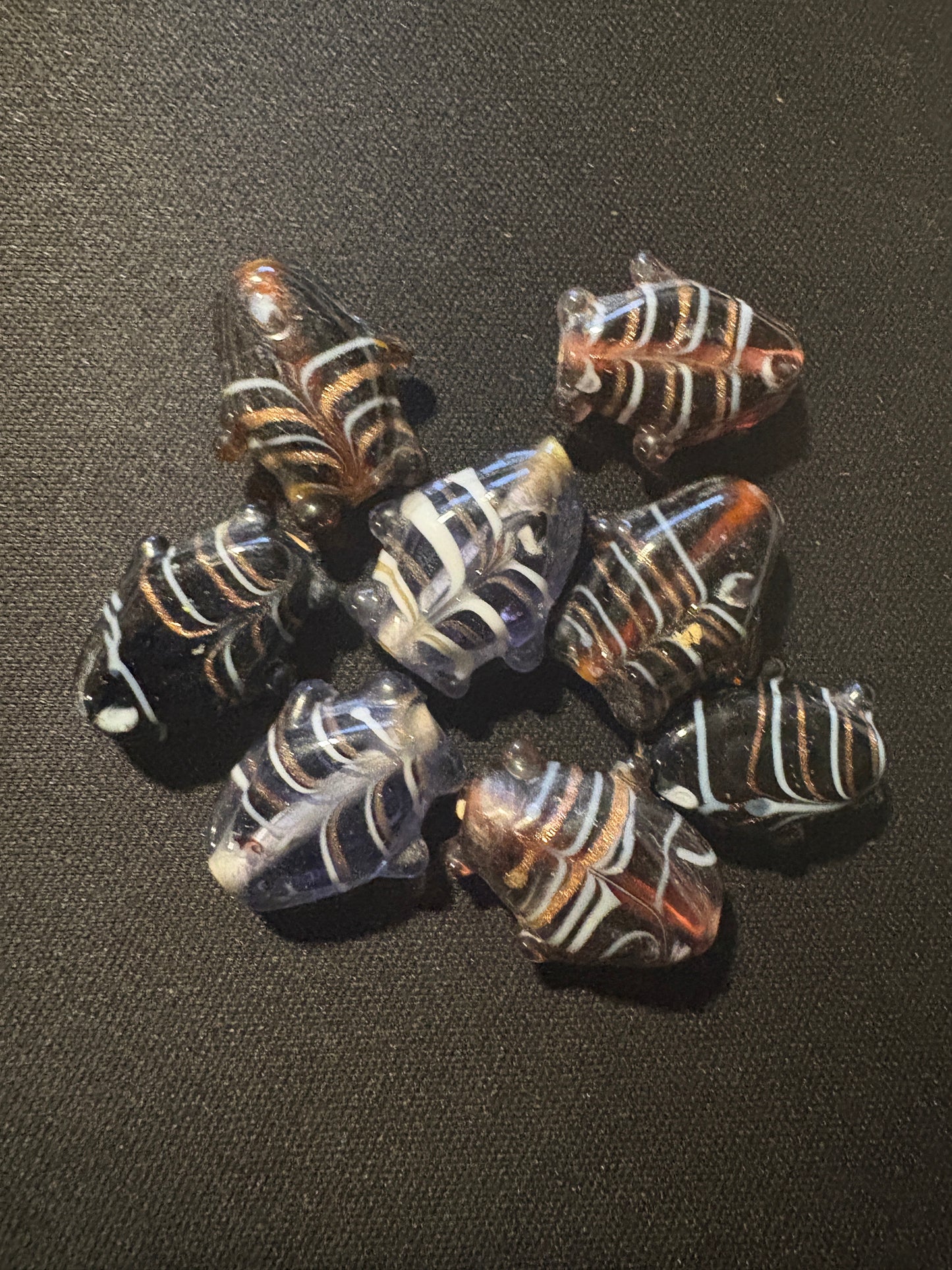 8 Brown and grey FISH Bead feather striped glass beads (S126) 20mm