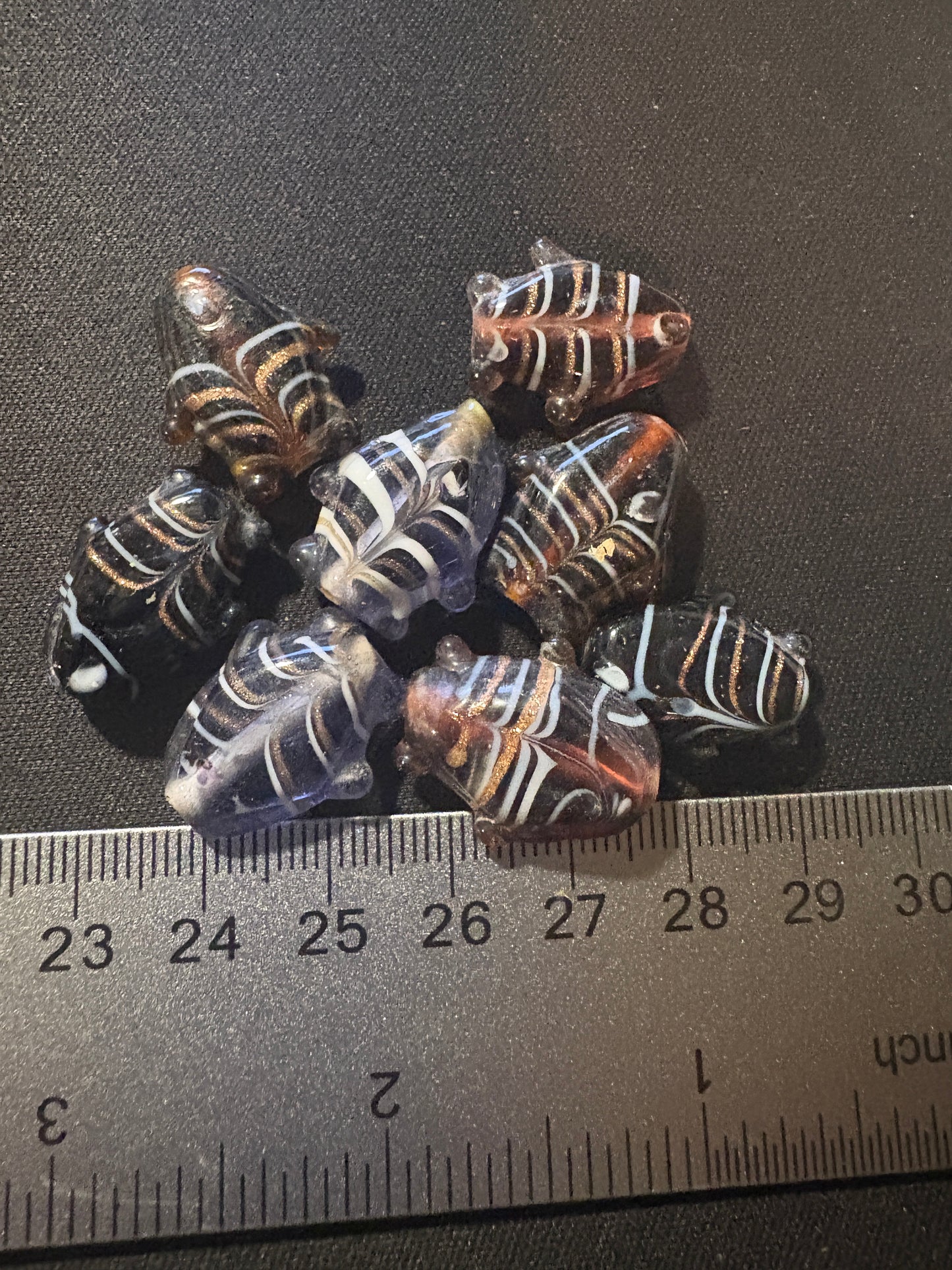 8 Brown and grey FISH Bead feather striped glass beads (S126) 20mm