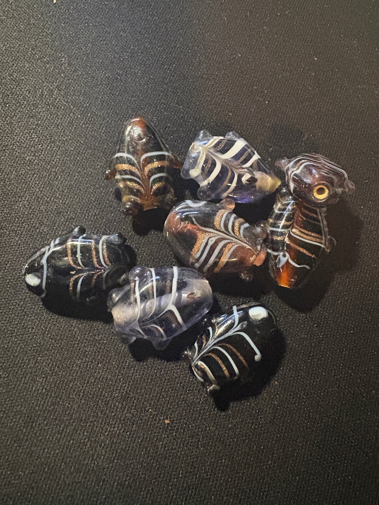 8 Brown and grey FISH Bead feather striped glass beads (S126) 20mm