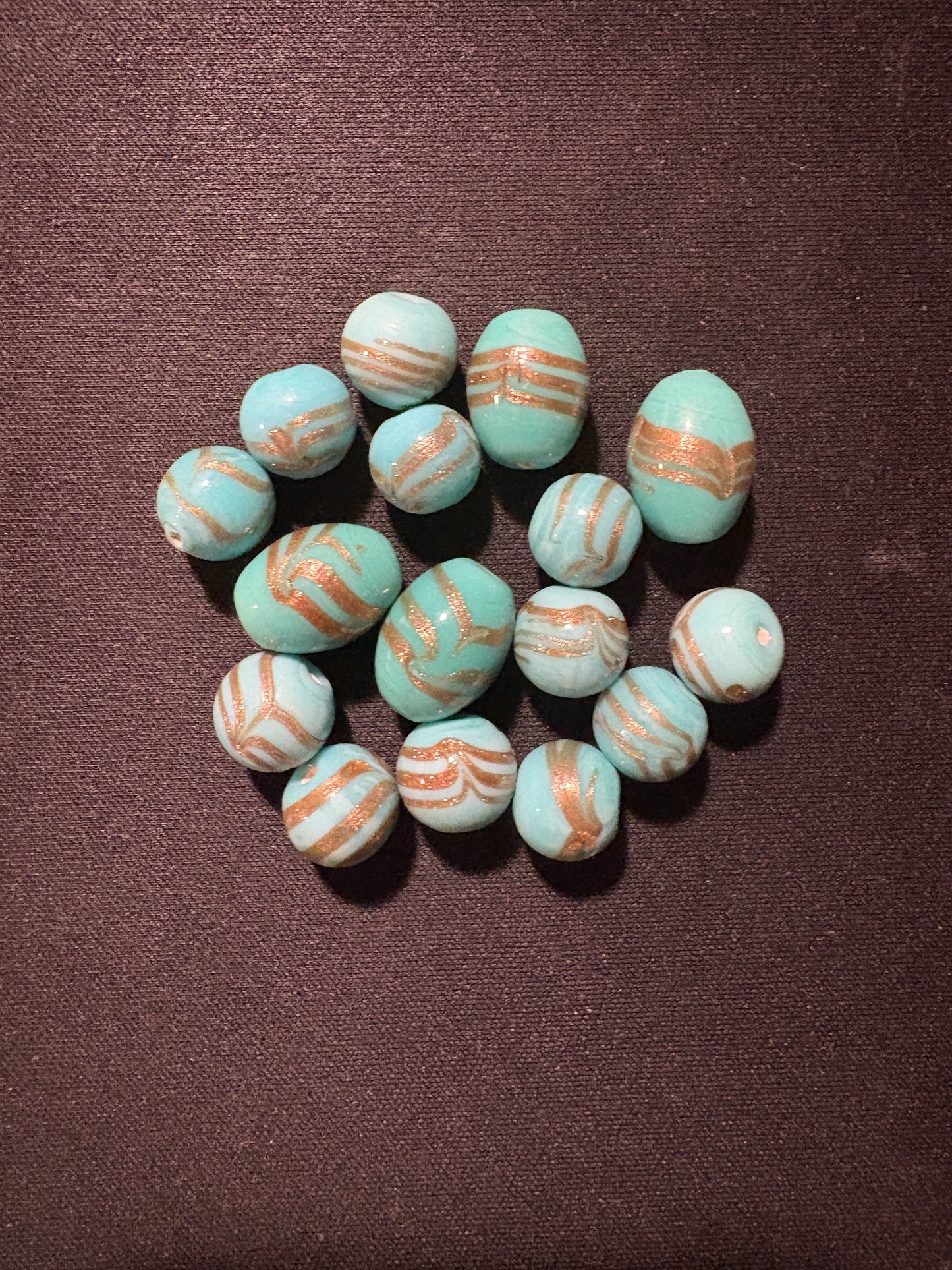 16 turquoise gold swirl matched glass beads (S304)- Fancy- 10-15mm
