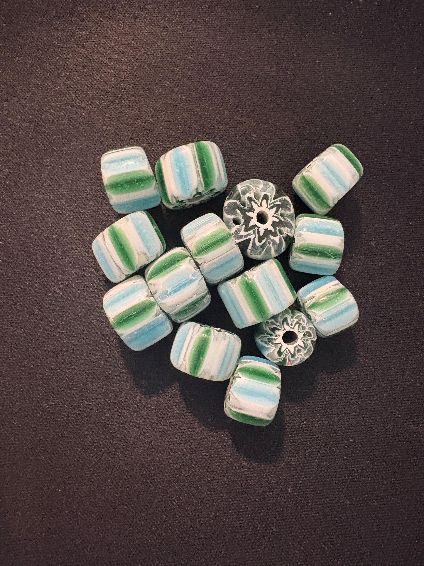 14 Chevron glass beads (S153)- 8-12mm x 12-15mm - Striped Green Beads lot