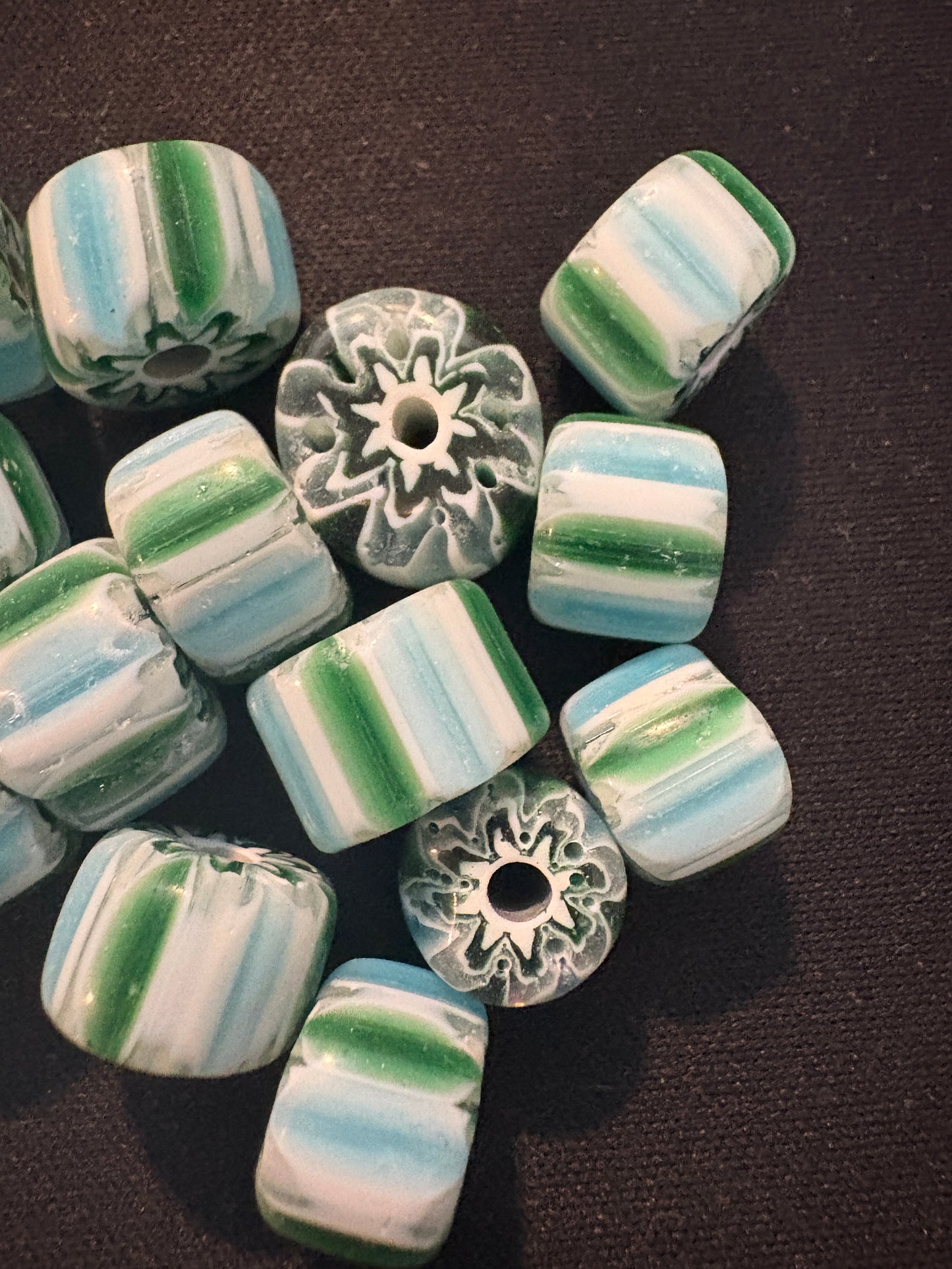 14 Chevron glass beads (S153)- 8-12mm x 12-15mm - Striped Green Beads lot