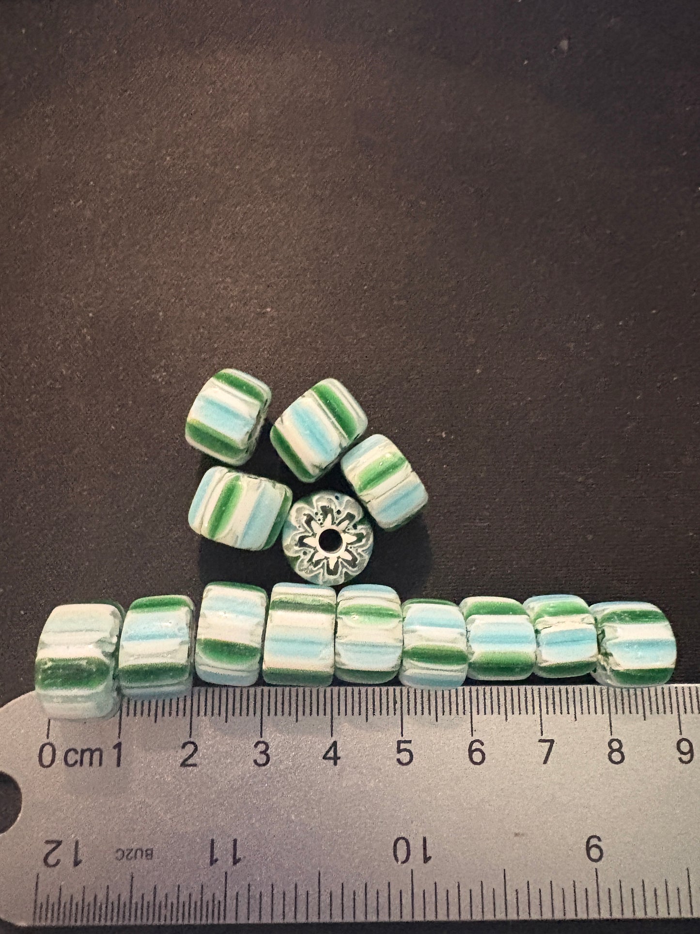 14 Chevron glass beads (S153)- 8-12mm x 12-15mm - Striped Green Beads lot