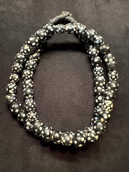 Antique Authentic African Trade Bead Necklace - Black Polka dot Beads 25" [BR0008]