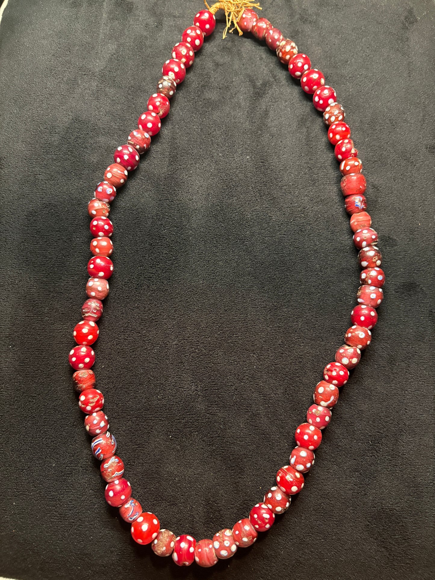 Antique Authentic African Trade Bead Necklace - Red Polka dot Beads 24" [BR0009)