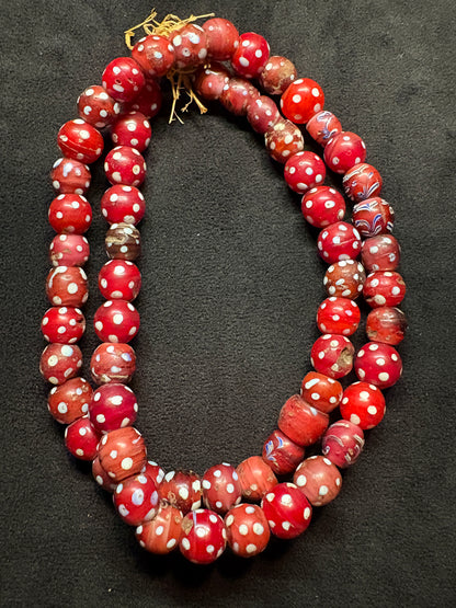 Antique Authentic African Trade Bead Necklace - Red Polka dot Beads 24" [BR0009)