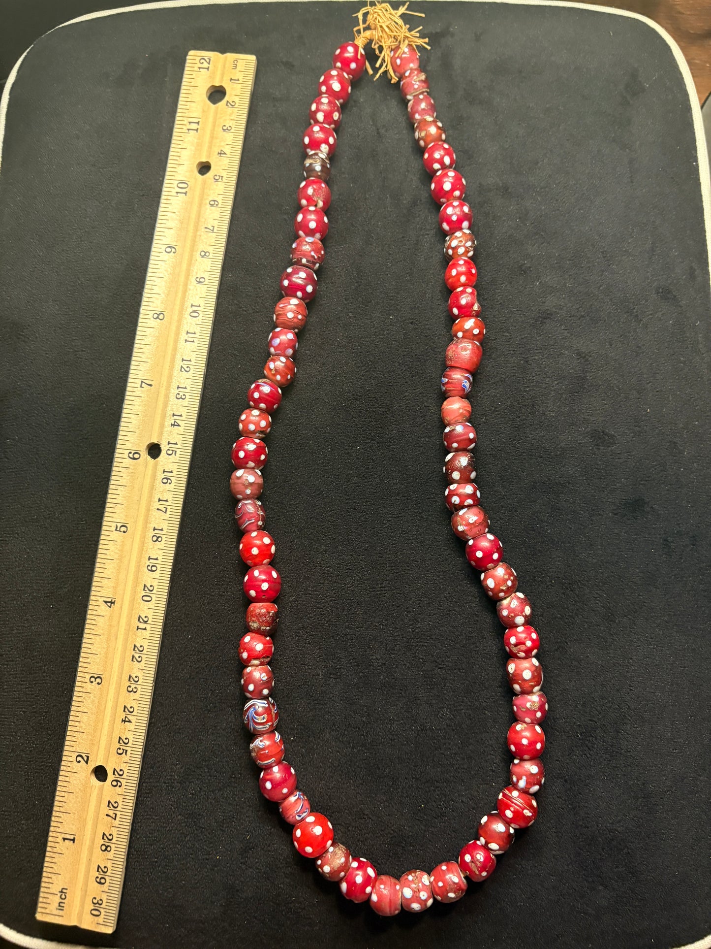 Antique Authentic African Trade Bead Necklace - Red Polka dot Beads 24" [BR0009)