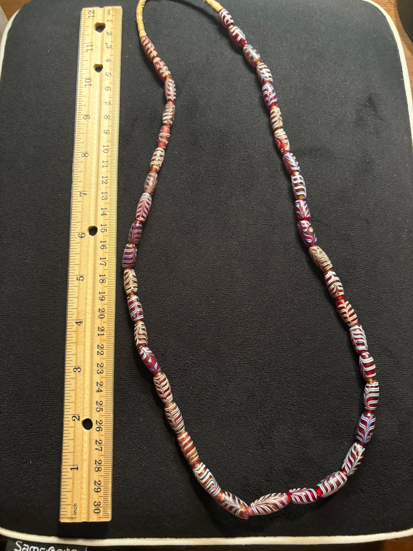 Antique Venetian African Trade Bead Necklace - Red Feather Beads 29" [BR0010)