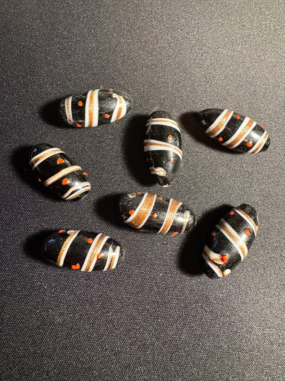 7 swirl oval glass beads - Fancy Eclectic Rare - foil gold black (S08)
