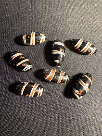 7 swirl oval glass beads - Fancy Eclectic Rare - foil gold black (S08)