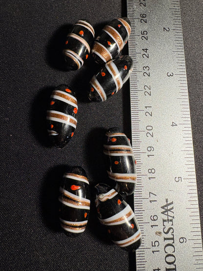 7 swirl oval glass beads - Fancy Eclectic Rare - foil gold black (S08)