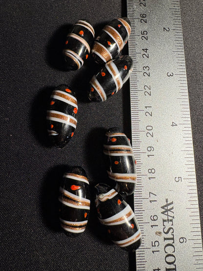 7 swirl oval glass beads - Fancy Eclectic Rare - foil gold black (S08)