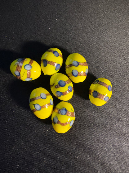 7 Large oval glass beads - Fancy Yellow Eclectic - gold foil blue dot (S06)