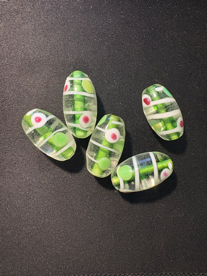 5 Large Green red dot glass beads - (S136) Handmade Indian Rare - 20x15mm