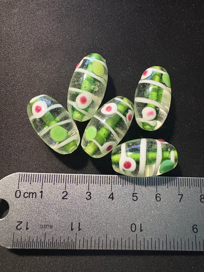 5 Large Green red dot glass beads - (S136) Handmade Indian Rare - 20x15mm