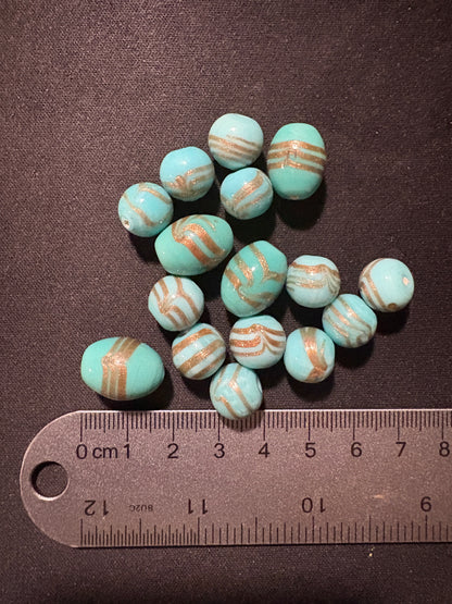 16 turquoise gold swirl matched glass beads (S304)- Fancy- 10-15mm