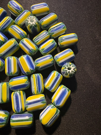 40 Yellow Blue Chevrons striped glass beads - 10mm Fancy (S183)
