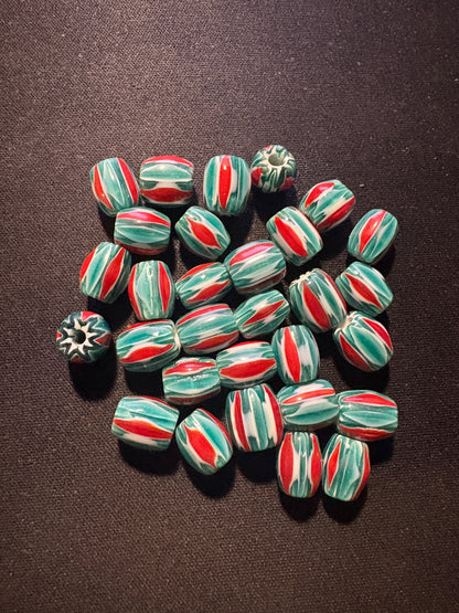 30 Chevrons striped glass beads - 10mm Fancy Green Red (S150)